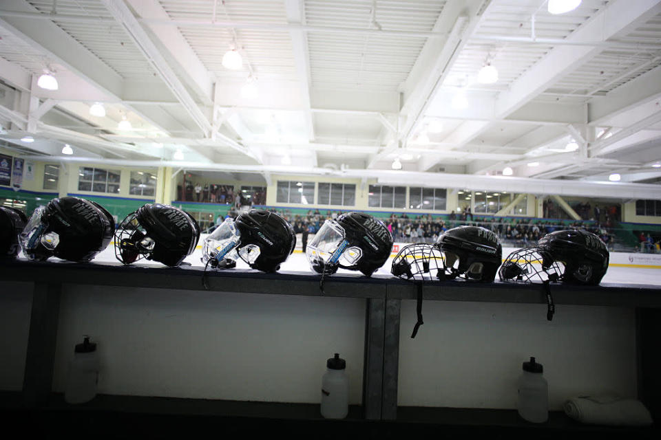 Helmets of Boston Pride players before the Connecticut Whale vs Boston Pride. National Women&#39;s Hockey League game at Chelsea Piers, Stamford, Connecticut, USA. 27th December 2015. Photo Tim Clayton (Photo by Tim Clayton/Corbis via Getty Images)