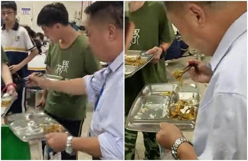 中國一名高中部的校長為了教育學生不浪費食物，每天到廚餘桶旁，當場把學生要倒掉的剩菜吃光。（翻攝瀟湘晨報）