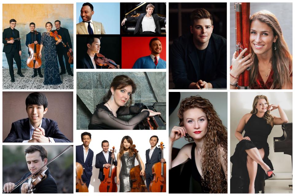 Musicians performing during Newport Classical’s upcoming Chamber Series. Clockwise, L-R: Balourdet Quartet, Young Concert Artists on Tour (Joseph Parrish, Albert Cano Smit, Daniel McGrew and Lun Li), Chad Hoopes, Eleni Katz, Magdalena Kuźma, Asiya Korepanova, Anne-Marie McDermott, Galvin Cello Quartet, William Hagen, Eric Lu