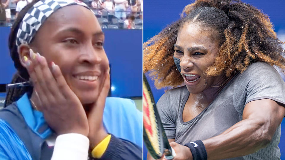 Pictured left, Coco Gauff pays a beautiful on-court tribute to Serena Williams after winning her first round match at the US Open.