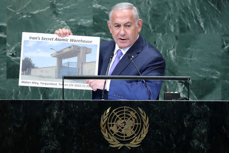 Israeli Prime Minister Benjamin Netanyahu addresses the 73rd session of the United Nations General Assembly at U.N. headquarters in New York, U.S., September 27, 2018. REUTERS/Carlo Allegri