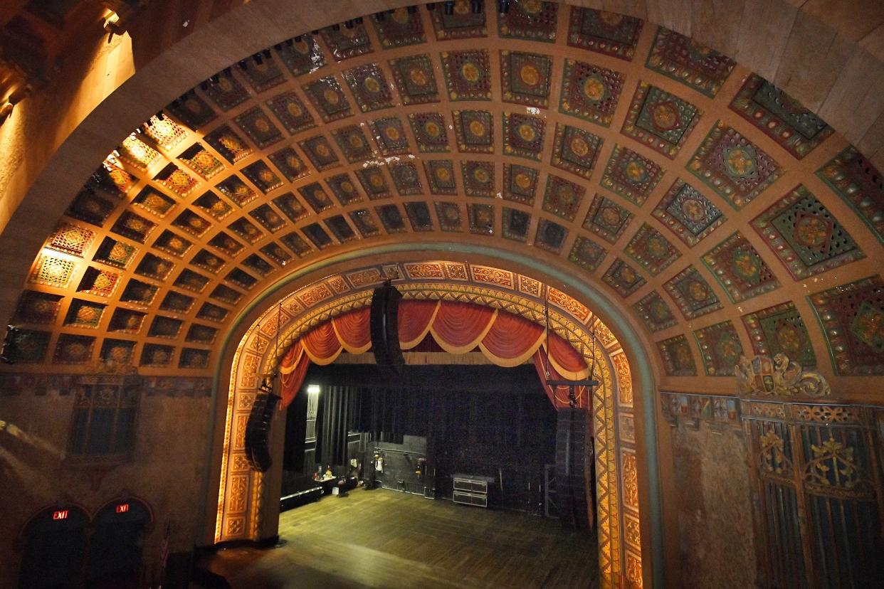 Flaking paint can be seen in the ornate arch of the stage inside the Florida Theatre on Tuesday, June 27, 2023, days before the theater is set to close for four months of renovation projects to bring the almost 100-year-old building back to its vintage glory.