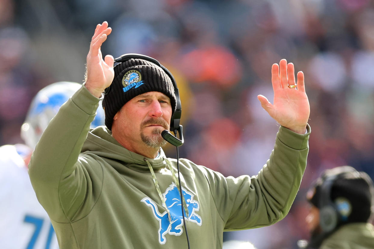 CHICAGO, ILLINOIS - NOVEMBER 13: Head coach Dan Campbell of the Detroit Lions reacts during the first half against the Chicago Bears at Soldier Field on November 13, 2022 in Chicago, Illinois. (Photo by Michael Reaves/Getty Images)