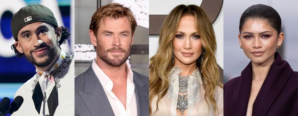 The co-chairs of this year’s Met Gala: Bad Bunny, Chris Hemsworth, Jennifer Lopez and Zendaya (AP)
