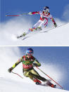 FILE - Combo of images shows at top Lindsey Vonn speeding down the course during an alpine ski, women's World Cup downhill in St. Moritz, Switzerland, Saturday, Jan. 24, 2015 and at bottom United States' Mikaela Shiffrin competing during an alpine ski, women's World Cup giant slalom in Soelden, Austria, Saturday, Oct. 26, 2019. Mikaela Shiffrin has matched Lindsey Vonn’s women’s World Cup skiing record with her 82nd win at the women's World Cup giant slalom race, in Kranjska Gora, Slovenia, on Sunday, Jan. 8, 2023. (AP Photo/Marco Trovati)