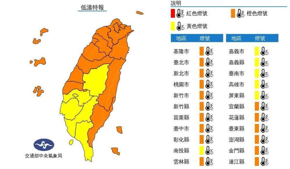 全台低溫特報，週三起劇烈降溫，提醒請民眾要做好保暖工作。（翻攝自氣象局）