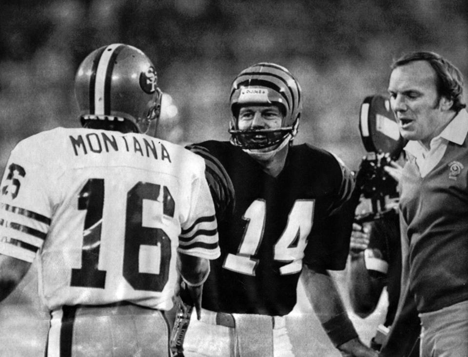 Bengals quarterback Ken Anderson greets 49ers quarterback Joe Montana and 49ers assistant Sam Wyche (the future Bengals head coach) before Super Bowl 16 in 1982.