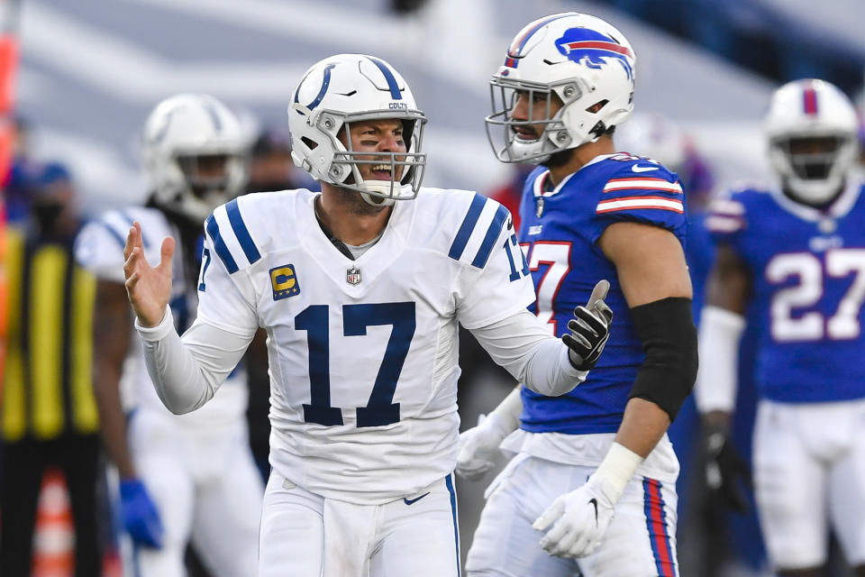 Indianapolis Colts quarterback Philip Rivers (17) reacts during the second half of an NFL wild-card playoff football game against the Buffalo Bills, Saturday, Jan. 9, 2021, in Orchard Park, N.Y. (AP Photo/Adrian Kraus)