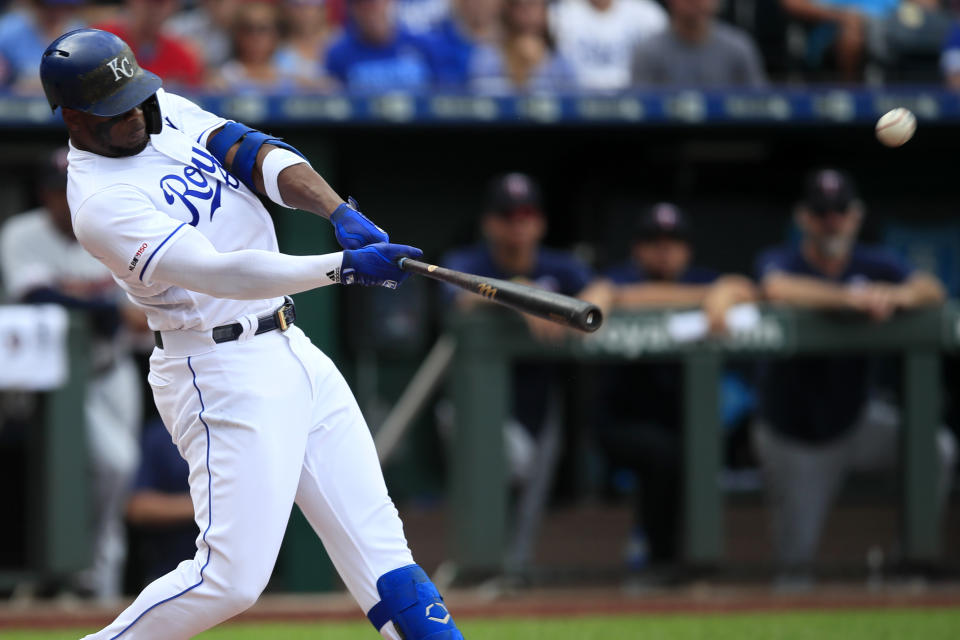 Kansas City Royals designated hitter Jorge Soler hits a solo home run off Minnesota Twins starting pitcher Martin Perez during the first inning of a baseball game at Kauffman Stadium in Kansas City, Mo., Sunday, Sept. 29, 2019. (AP Photo/Orlin Wagner)