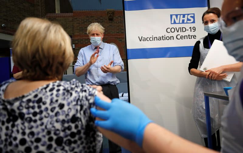 British Prime Minister Boris Johnson visits Guy's Hospital on the first day of administering a coronavirus vaccine in London