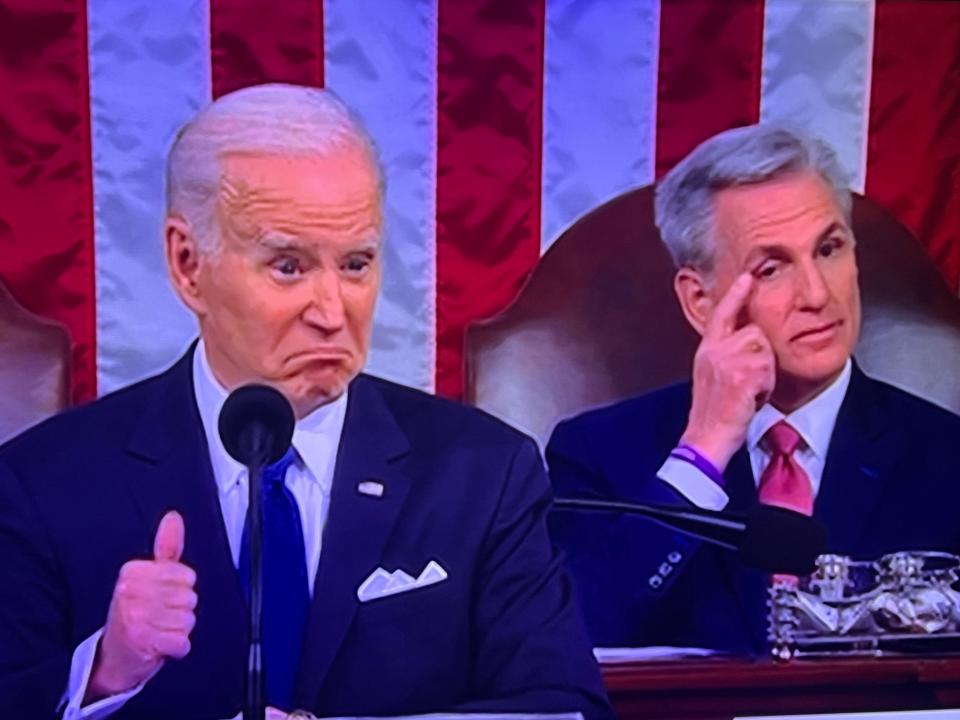 President Joe Biden gives a thumbs up after getting a commitment to protect Social Security and Medicare from Republicans attending his 2023 State of the Union Address.
