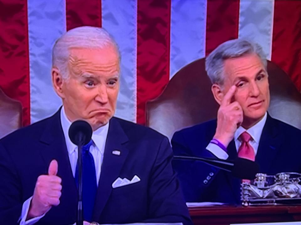 President Joe Biden gives a thumbs up after getting a commitment to protect Social Security and medicare from Republicans attending Tuesday night's State of the Union address.