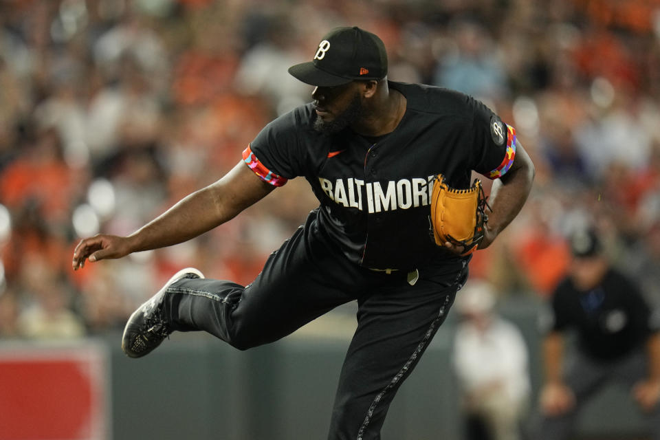 Baltimore Orioles relief pitcher Felix Bautista throws to the Colorado Rockies during the ninth inning of a baseball game, Friday, Aug. 25, 2023, in Baltimore. The Orioles won 5-4. (AP Photo/Julio Cortez)
