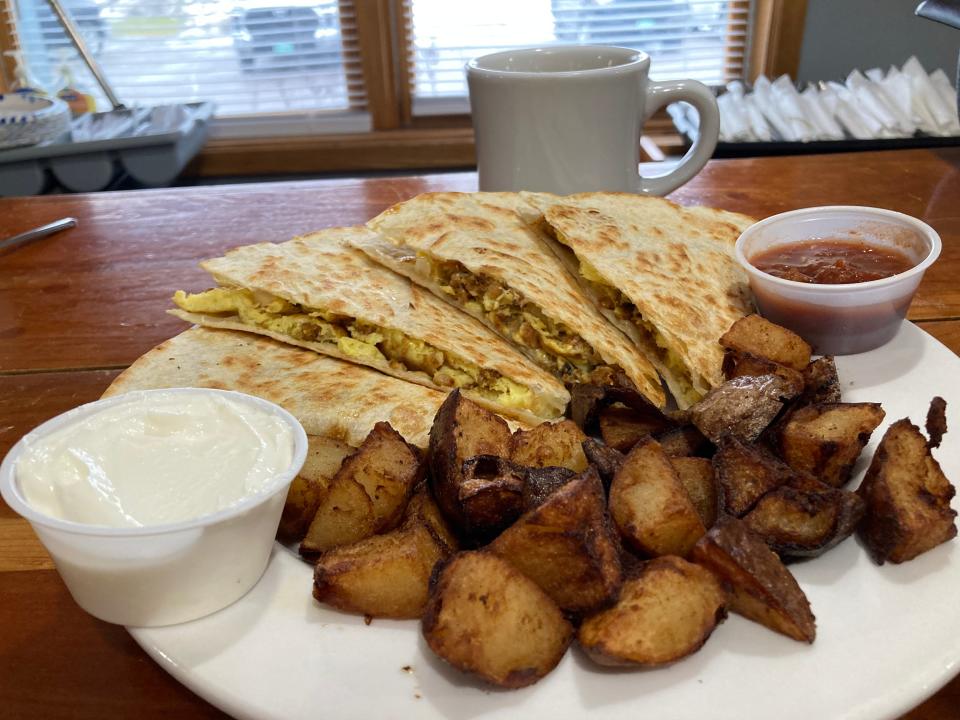 The chorizo breakfast quesadilla with home fries at The Dutch Mill Diner in Shelburne on Jan. 26, 2024.