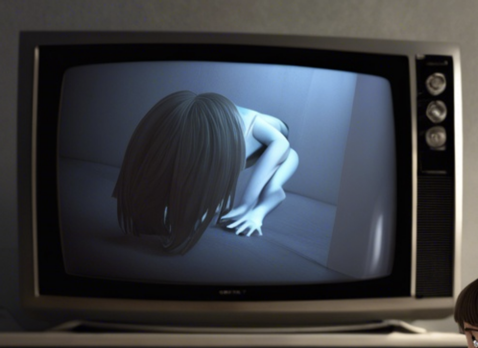 A television screen showing a scene from "The Ring" with the character Samara Morgan in her iconic pose