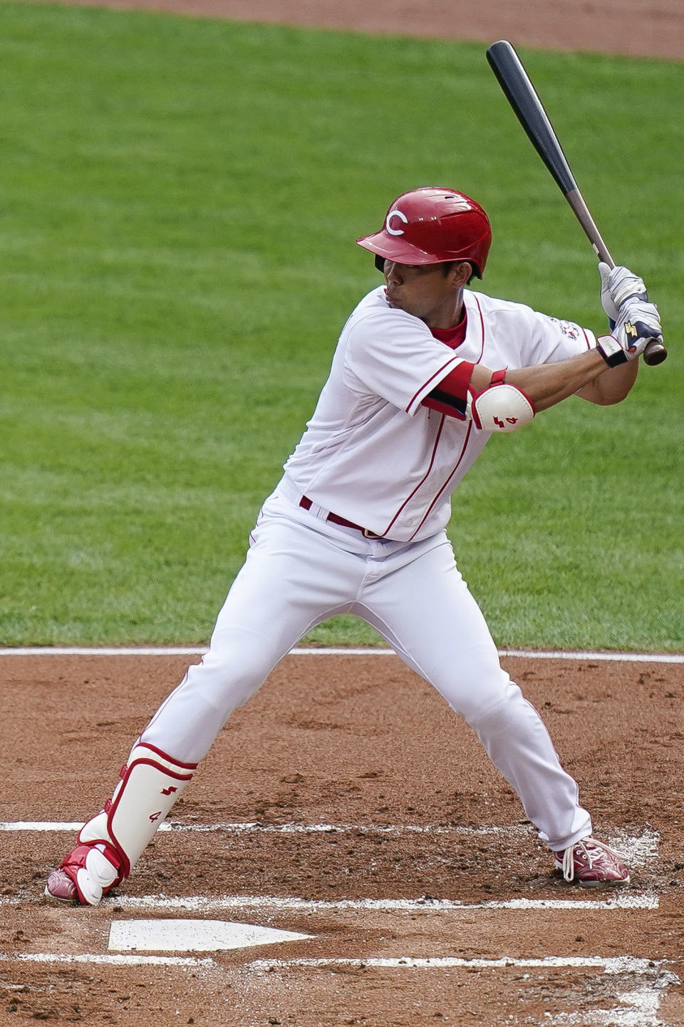 Cincinnati Reds' Shogo Akiyama bats during the first inning of a baseball game against the Pittsburgh Pirates at Great American Ballpark in Cincinnati, Thursday, Aug. 13, 2020. (AP Photo/Bryan Woolston)