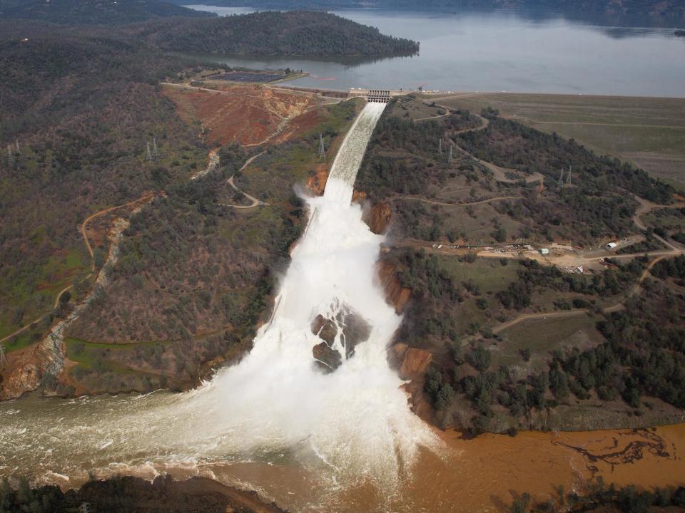 Over 200,000 people have been evacuated after a hole emerged in an emergency spillway of the Oroville Dam, threatening to flood the surrounding area (Getty Images)