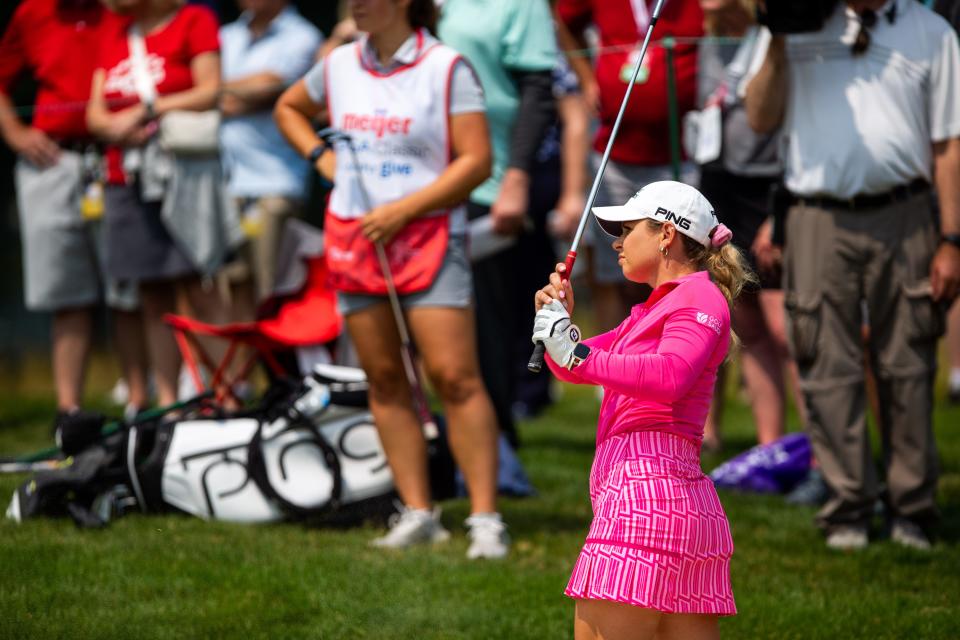 Lindsey Weaver-Wright gets her ball out of the bunker Friday, June 16, 2023, at Blythefield Country Club in Belmont, MI. Alexa 