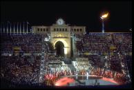 A huge display is put on in the centre of the Olympic Stadium during the Closing Ceremony of the 1992 Barcelona Olympics. (Getty Images)