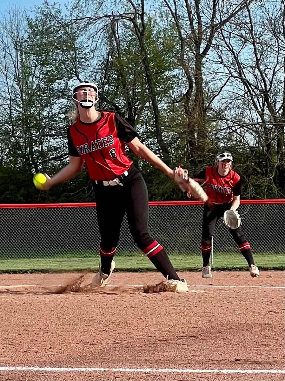 Cardington's Genevieve Longsdorf throws a pitch during Thursday's Knox Morrow Athletic Conference softball road victory at Centerburg.