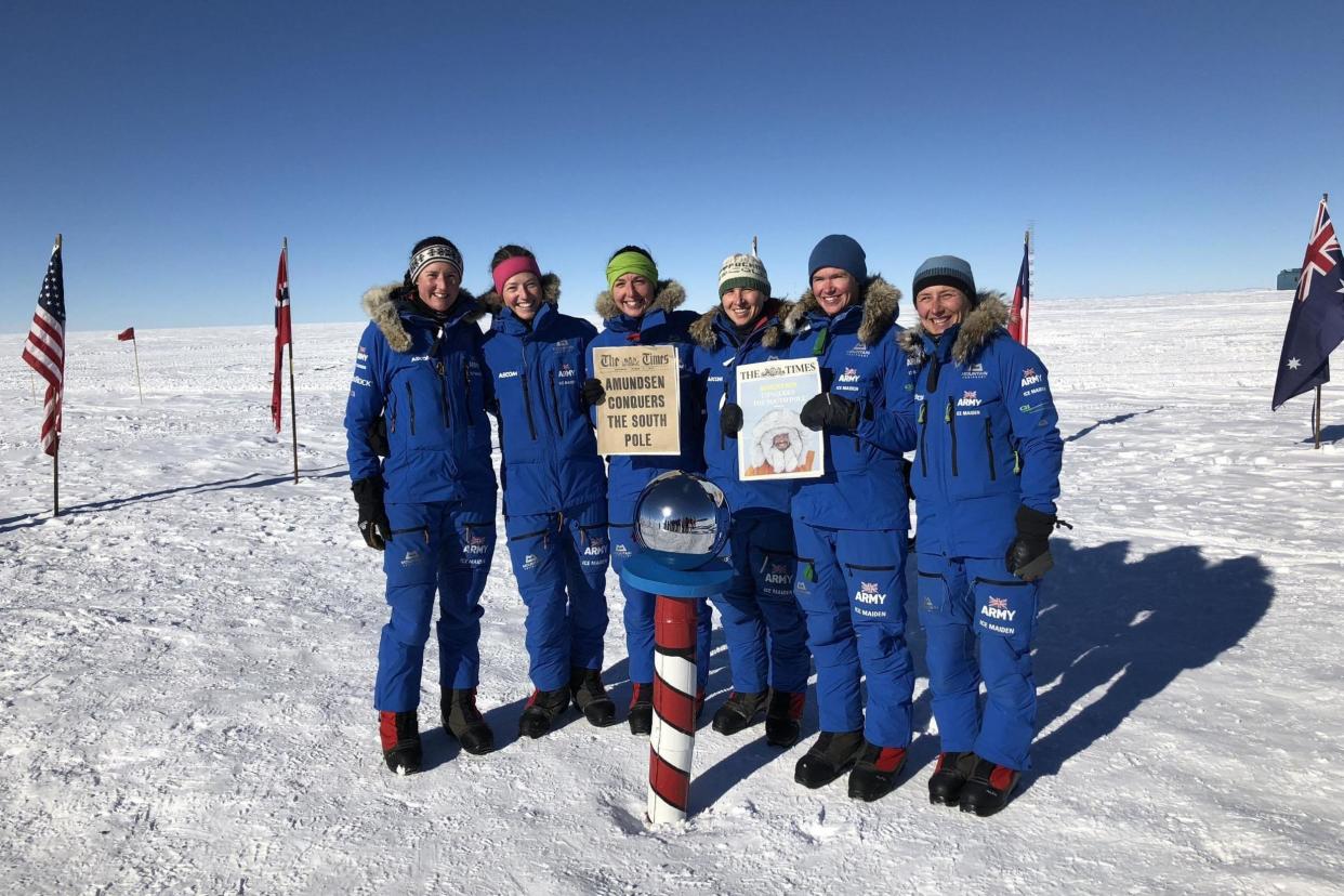 Members of the British Army's Ice Maiden Expedition in Antarctica, which has become the first all-female team to cross Antarctica using only muscle power: PA