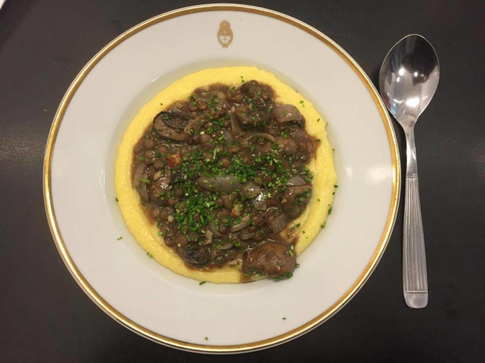 The staff's favourte meal: polenta with mushroom, lentil and hazelnut ragout (Sorrel Moseley-Williams)