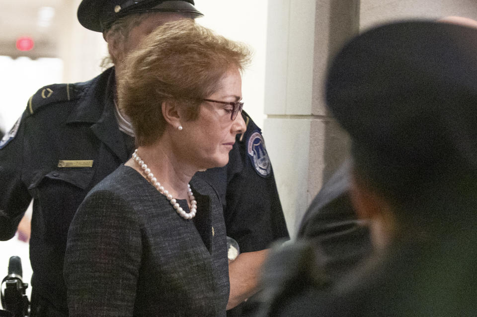 Former U.S. ambassador to Ukraine Marie Yovanovitch, arrives on Capitol Hill, Friday, Oct. 11, 2019, in Washington, as she is scheduled to testify before congressional lawmakers on Friday as part of the House impeachment inquiry into President Donald Trump. (AP Photo/Manuel Balce Ceneta)