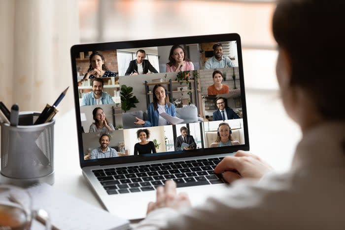 Video conference on laptop.