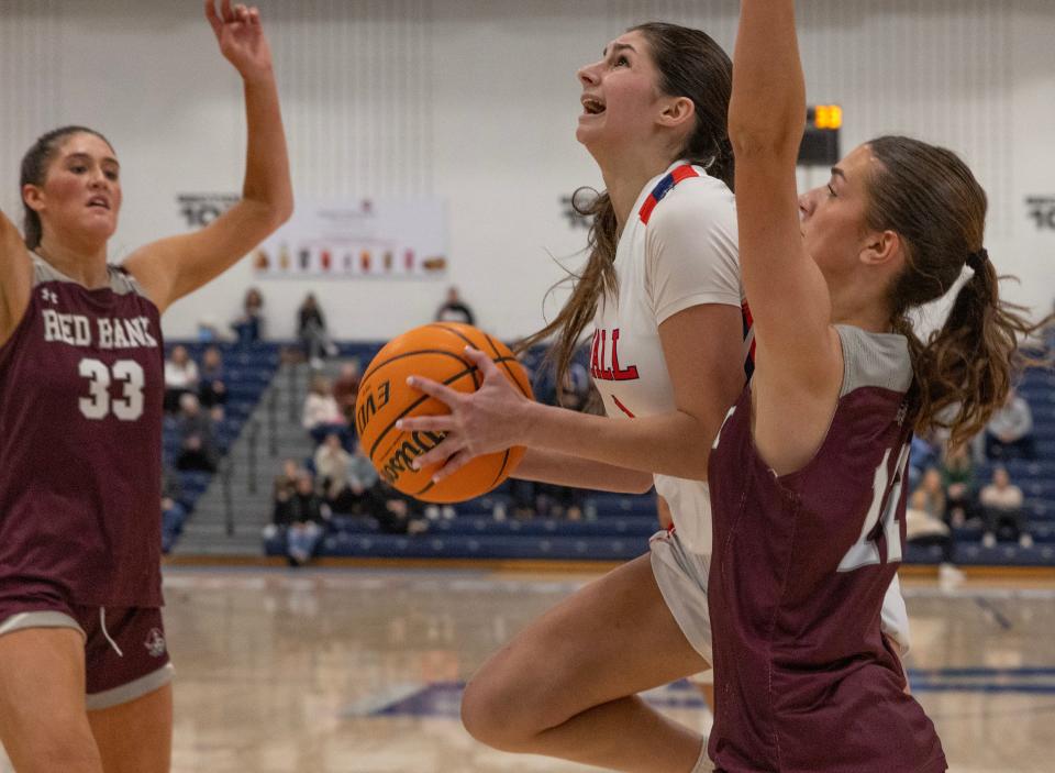 Wall Shayne Eldridge drives to the basket. Red Bank Regional Girls Basketball defeats Wall 54-51 in WOBM Christmas Classic Cervino Final on December 30, 2023 in Toms River NJ.