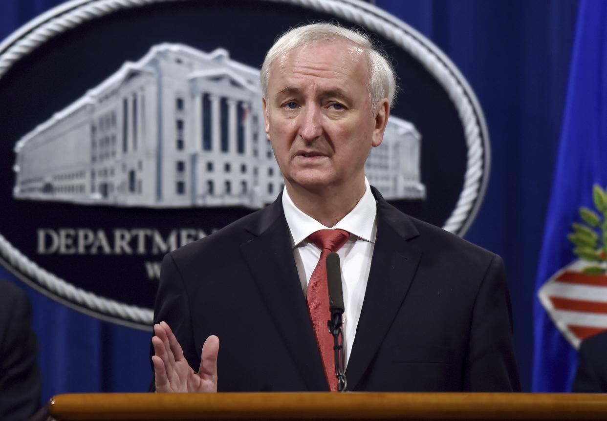In this Sept. 22, 2020 file photo, Deputy Attorney General Jeffrey Rosen speaks during a news conference at the Department of Justice in Washington.