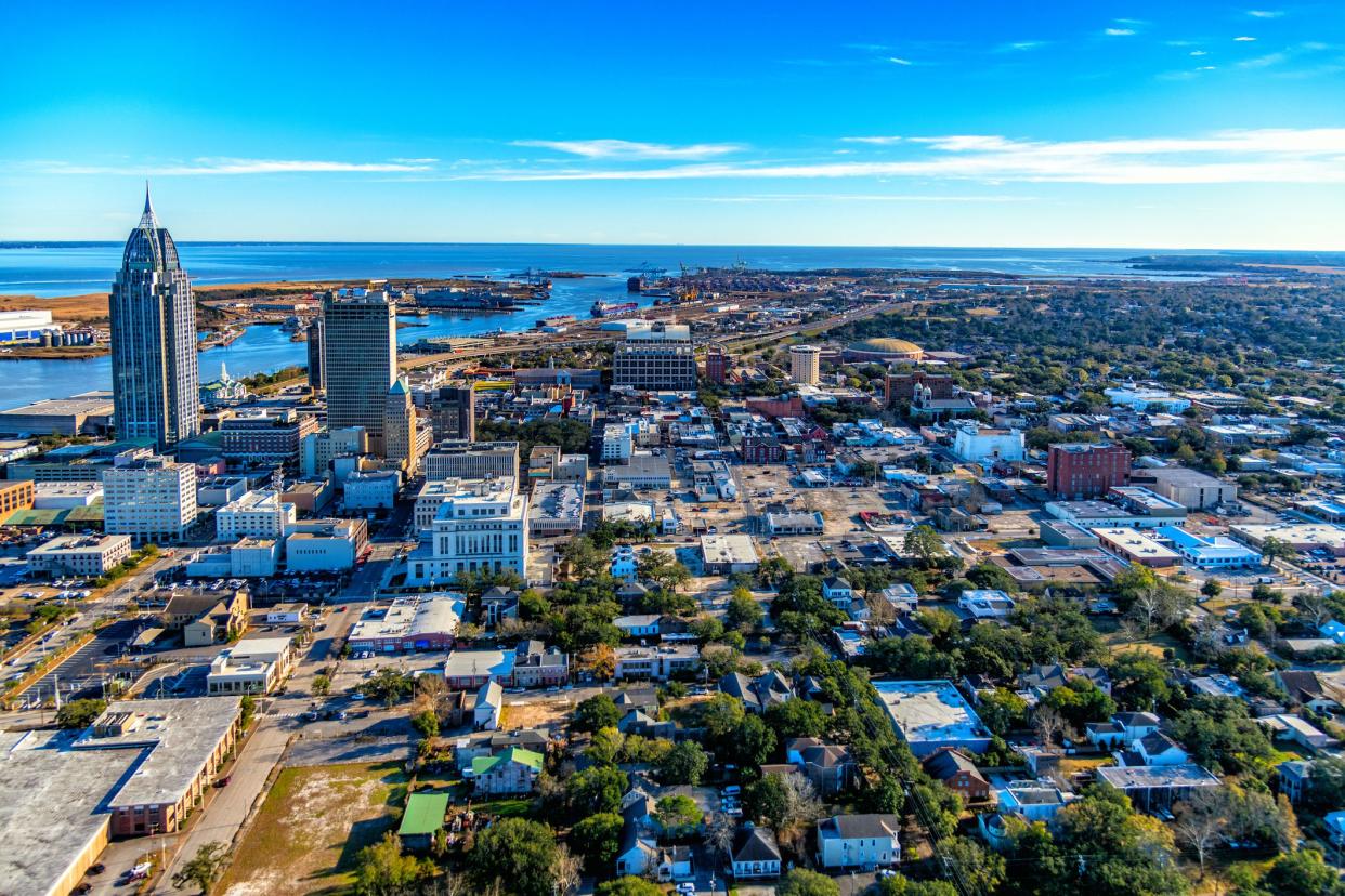 The city of Mobile, Alabama and surrounding areas shot from an altitude of about 800 feet during a helicopter photo flight