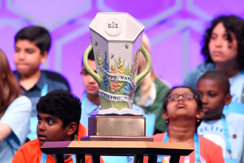 The  "Scripps Cup," the first custom-designed trophy for the spelling bee's 90-year history on display during the 2019 Scripps National Spelling Bee.