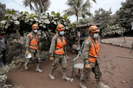Soldiers inspect an area affected by the eruption of the Fuego volcano in the community of San Miguel Los Lotes in Escuintla, Guatemala June 5, 2018. REUTERS/Luis Echeverria