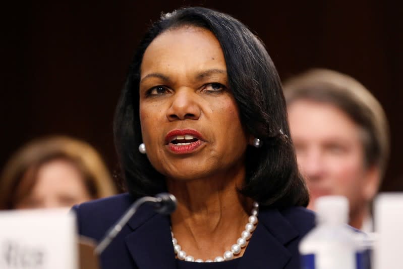 FILE PHOTO: Former U.S. Secretary of State Condoleezza Rice testify's during U.S. Supreme Court nominee Kavanaugh's Senate Judiciary Committee confirmation hearing on Capitol Hill in Washington