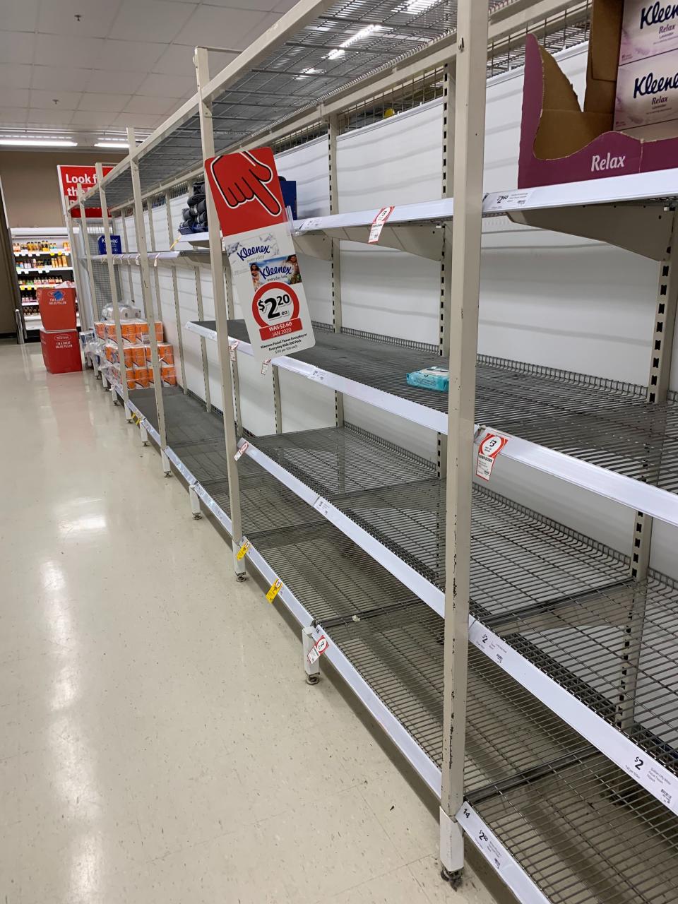 A photo inside Coles Umina where there are empty shelves in the toilet paper aisle as people panic-buy amid the coronavirus outbreak.