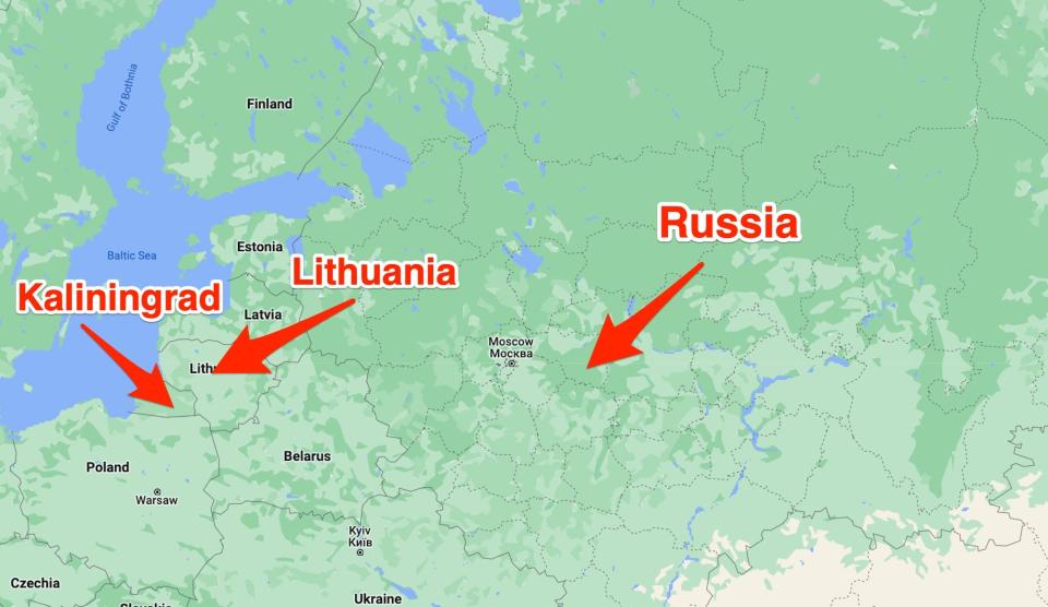 A map showing how Lithuania lies between Russia and Kaliningrad.