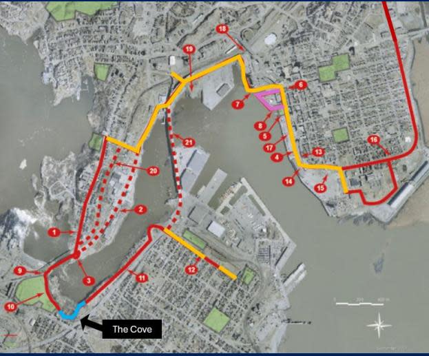 Director of Public Works and Transportation Tim O'Reilly says the yellow on the map indicates completed projects, the red not yet completed, the blue is The Cove and the pink is Ihtoli-maqahamok, gathering space project. 