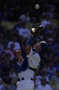 Los Angeles Dodgers catcher Will Smith makes a catch on a foul ball hit by San Diego Padres' Brandon Drury during the second inning of a baseball game Sunday, Aug. 7, 2022, in Los Angeles. (AP Photo/Mark J. Terrill)