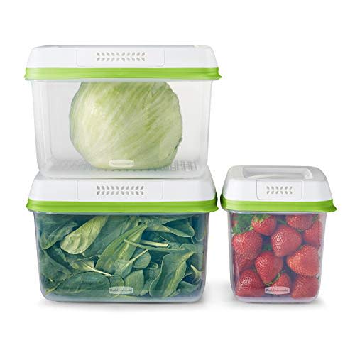 Rubbermaid Produce Saver Containers for Refrigerator with Lids for Food Storage, Dishwasher Safe, Clear/Green, Set of 3 containers and 3 Lids, Med & Lg, 6-Piece (AMAZON)