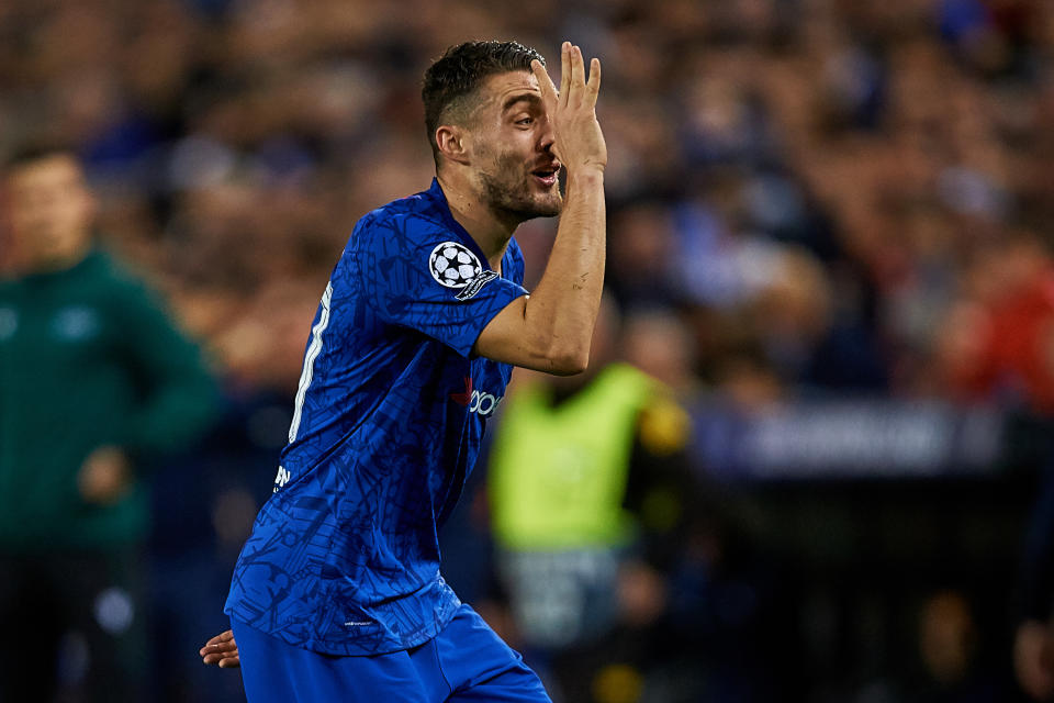 VALENCIA, SPAIN - NOVEMBER 27: Mateo Kovacic of Chelsea celebrates his side's first goal during the UEFA Champions League group H match between Valencia CF and Chelsea FC at Estadio Mestalla on November 27, 2019 in Valencia, Spain. (Photo by David Aliaga/MB Media/Getty Images)