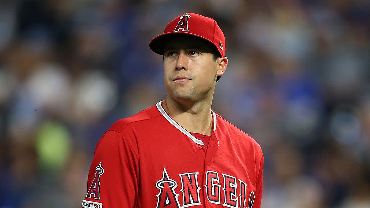 Los Angeles Angels starting pitcher Tyler Skaggs looks to the video board as he leaves the game in the sixth inning of an MLB game between the Los Angeles Angels and Kansas City Royals on April 26, 2019 at Kauffman Stadium in Kansas City, MO.