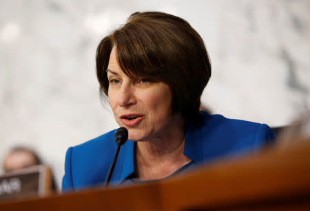 Senator Amy Klobuchar (D-MN) questions Supreme Court nominee judge Neil Gorsuch during his Senate Judiciary Committee confirmation hearing on Capitol Hill in Washington March 21, 2017. REUTERS/Joshua Roberts