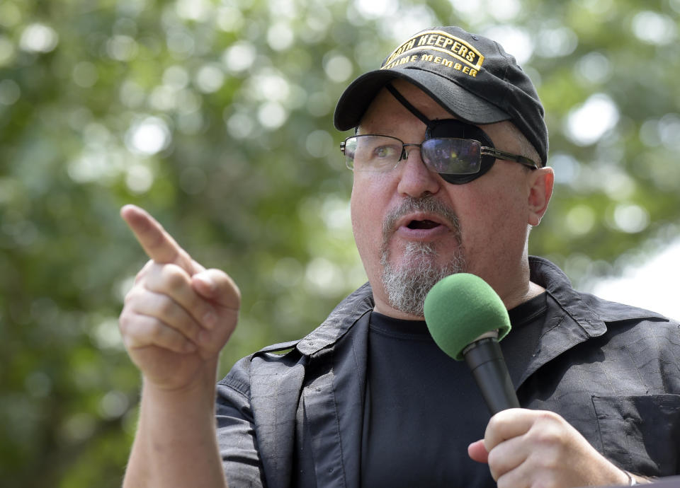 FILE - Stewart Rhodes, founder of the citizen militia group known as the Oath Keepers speaks during a rally outside the White House in Washington, on June 25, 2017. The seditious conspiracy trial against Rhodes and four associates continued Monday, Oct. 31, 2022. (AP Photo/Susan Walsh, File)