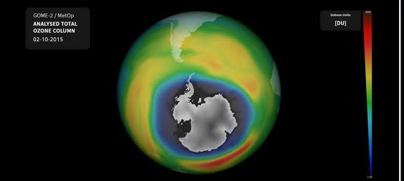 An image of the ozone hole over Antarctica in early October.