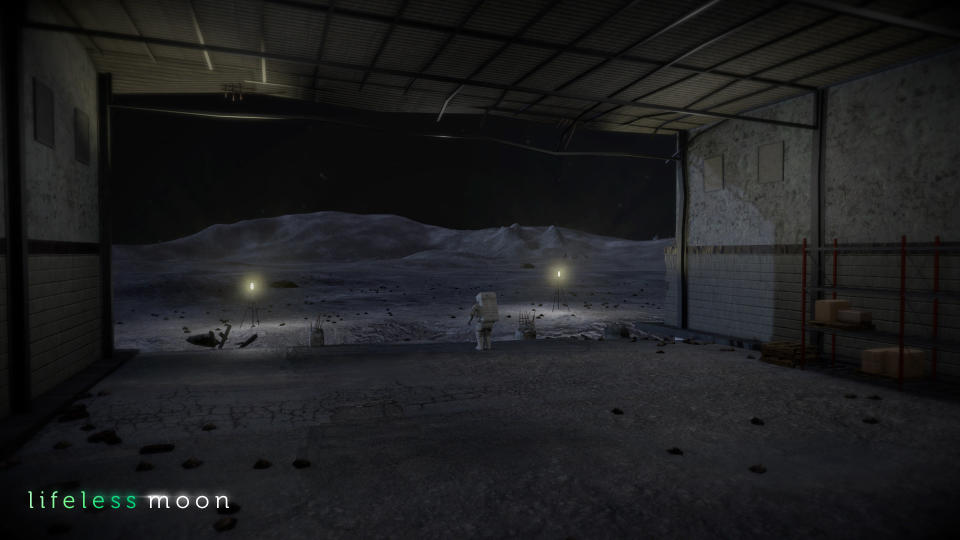 an astronaut emerges from a bunker onto a lunar landscape