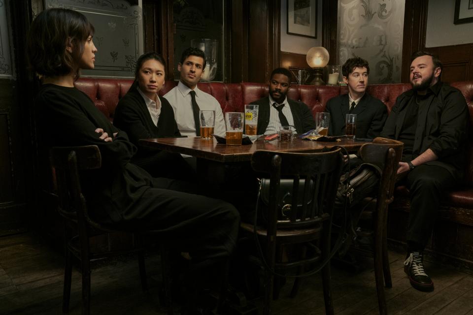 (L to R) Eiza González as Auggie Salazar, Jess Hong as Jin Cheng, Saamer Usmani as Raj Varma, Jovan Adepo as Saul Durand, Alex Sharp as Will Downing, and John Bradley as Jack Rooney