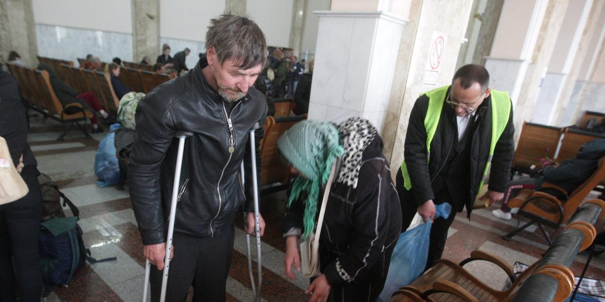 Citizens from Mykolaiv arrive during their evacuation at the railway station in Odessa, Ukraine, on April 29, 2022.