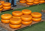 Gouda wheels are displayed at the cheese market in Gouda, Netherlands April 18, 2019. REUTERS/Yves Herman