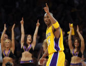 FILE - In this May 27, 2010, file photo, Los Angeles Lakers guard Kobe Bryant reacts after Pau Gasol dunked during the second half of Game 5 of the NBA basketball Western Conference finals against the Phoenix Suns in Los Angeles. Federal investigators said Wednesday, June 17, 2020, that the pilot of the helicopter that crashed in thick fog, killing Kobe Bryant and seven other passengers, reported he was climbing when he actually was descending. (AP Photo/Mark J. Terrill, File)