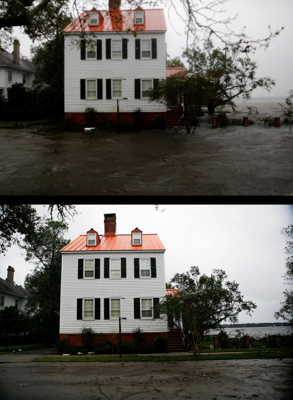 Combinación de fotos de las inundaciones poco antes del impacto de Florence en New Bern, North Carolina y el mismo lugar dos días después. REUTERS/Eduardo Munoz